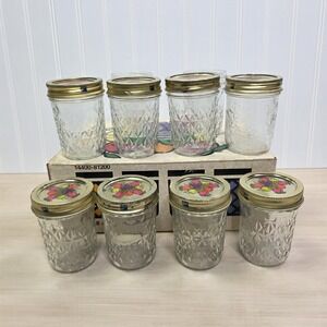 10 Ball Quilted Crystal Jelly Jars Tall w/ Grapes & Fruit Lids 4" x 2.25" w/ Box